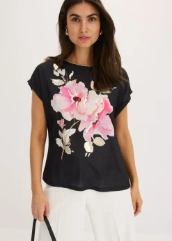 bonprix bonprix Camisetas>Camiseta con inserto de malla negro-rosa caliente