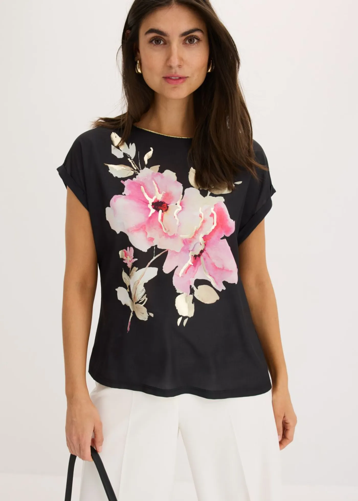 bonprix bonprix Camisetas>Camiseta con inserto de malla negro-rosa caliente