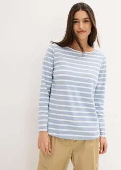 bonprix bonprix Básicos|Camisetas>Camiseta con manga larga y escote barco (2 unidades) Azul suave/blanco con rayas verticales + blanco