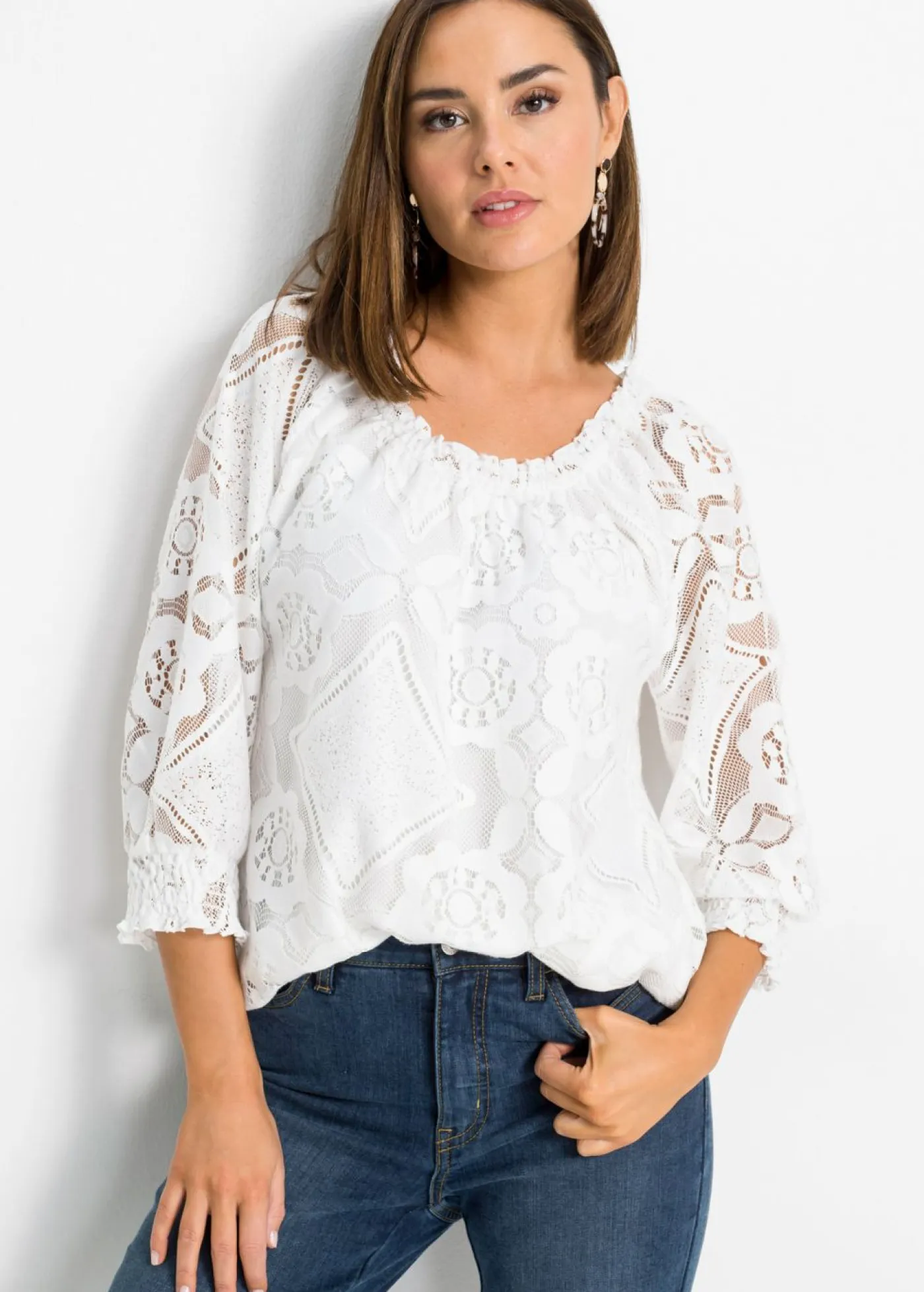 bonprix bonprix Camisetas>Camiseta con mangas abullonadas Blanco lana