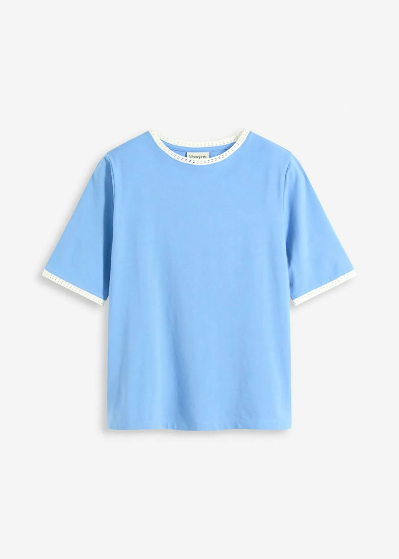 bonprix bonprix Camisetas|Novedades>Camiseta con ribete de encaje azul provenzal-blanco lana
