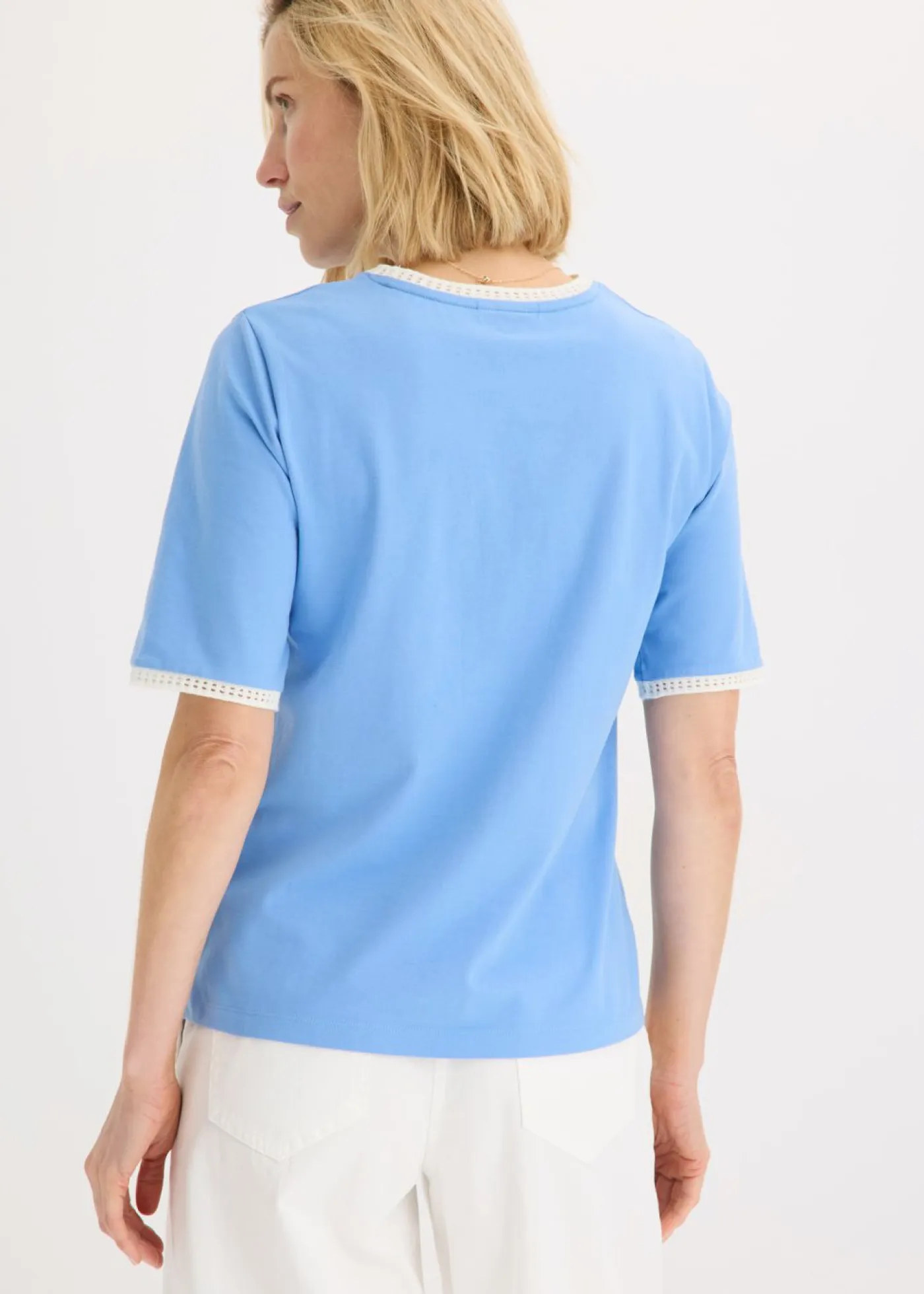 bonprix bonprix Camisetas|Novedades>Camiseta con ribete de encaje azul provenzal-blanco lana