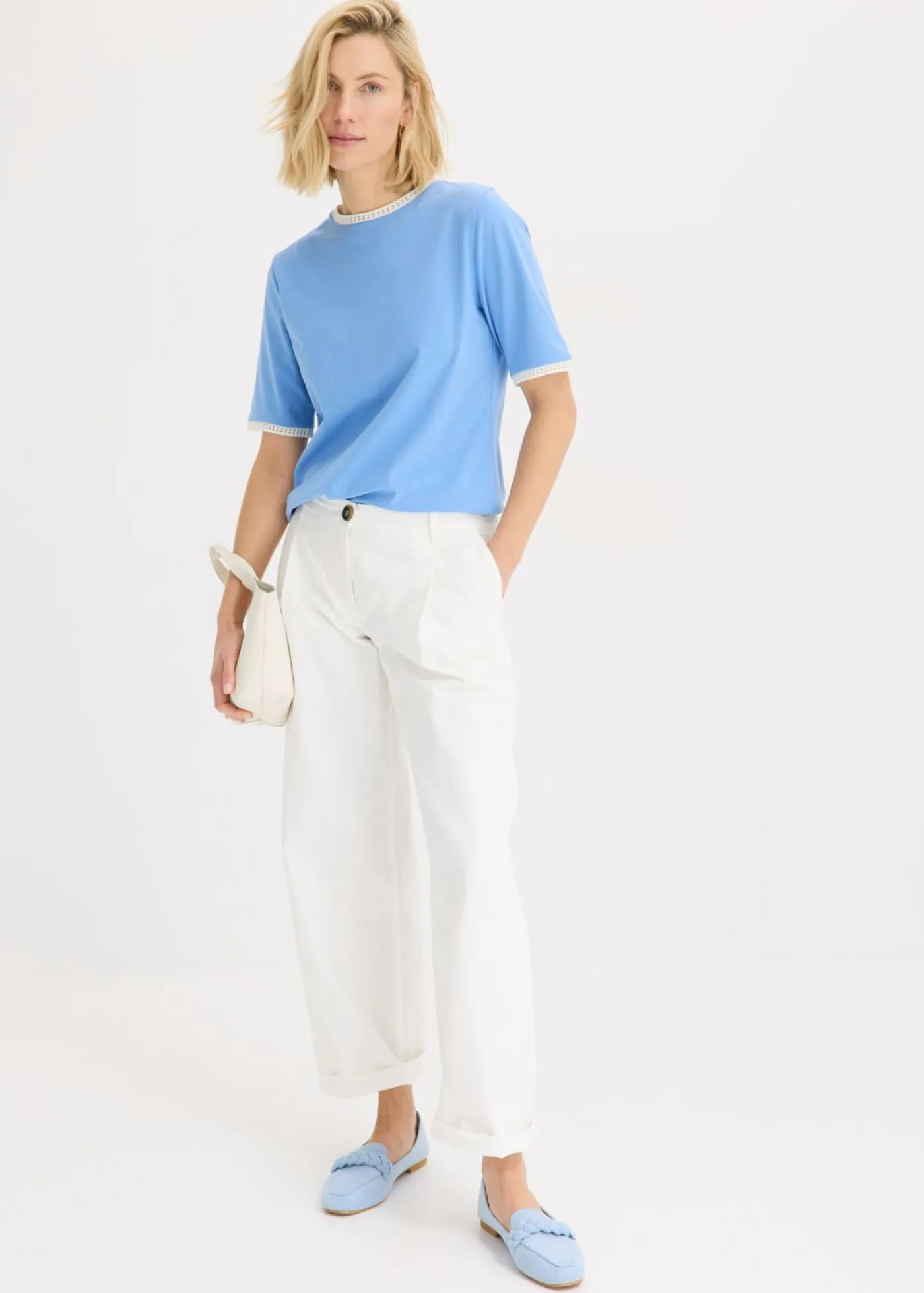 bonprix bonprix Camisetas|Novedades>Camiseta con ribete de encaje azul provenzal-blanco lana