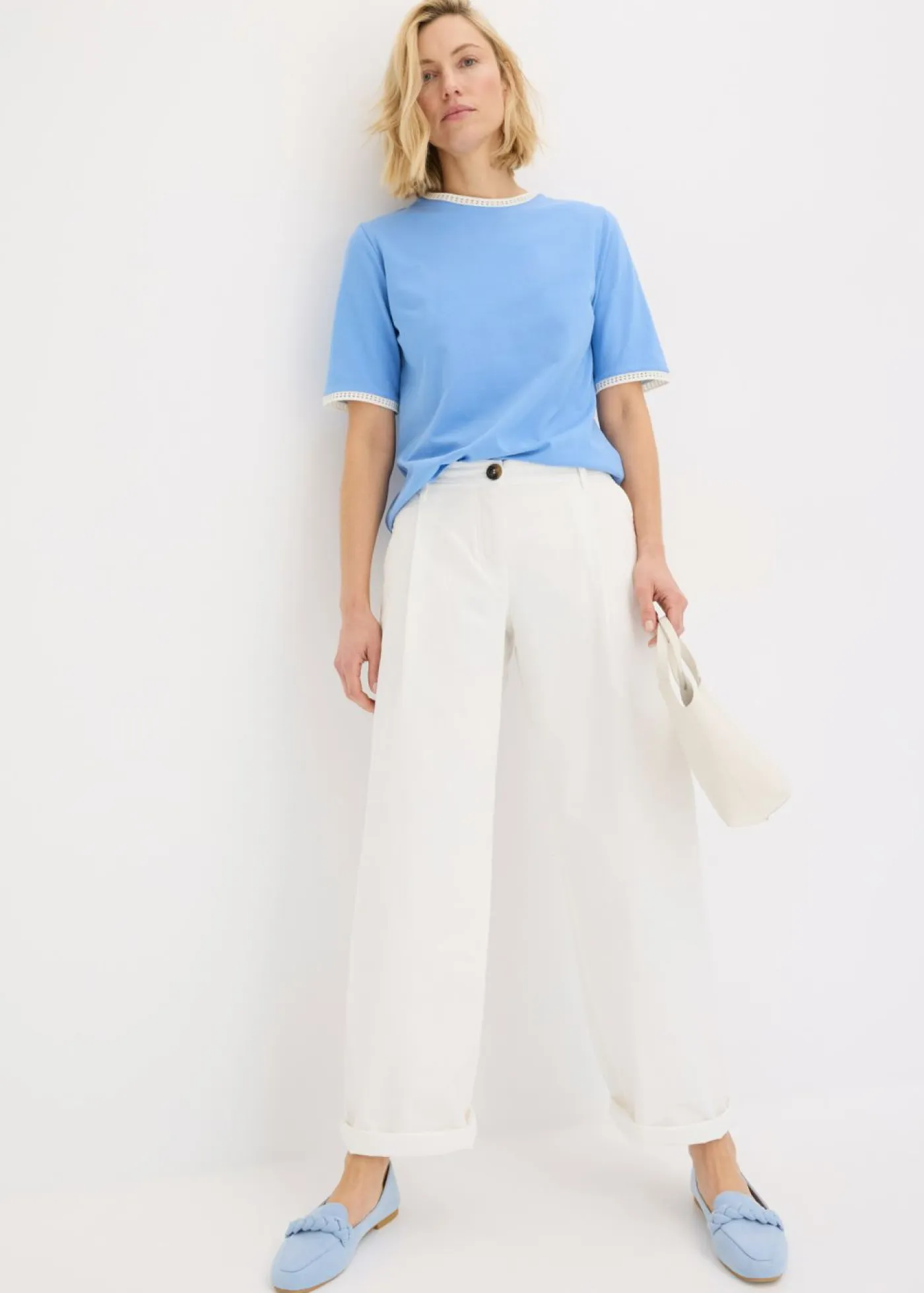 bonprix bonprix Camisetas|Novedades>Camiseta con ribete de encaje azul provenzal-blanco lana