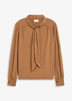 bonprix bonprix Camisetas>Camiseta con viscosa y lazo de satén marrón pimienta