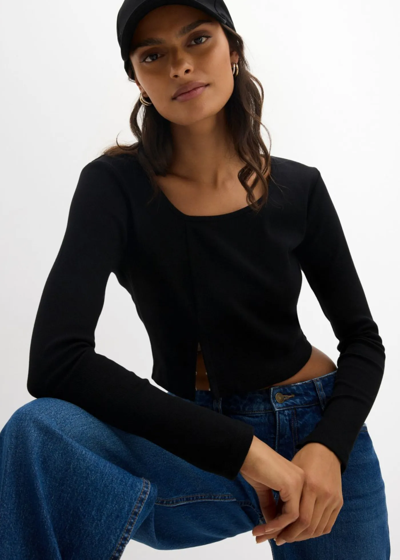 bonprix bonprix Camisetas>Camiseta corta de canalé Negro