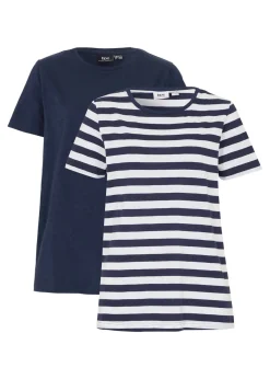 bonprix bonprix Básicos|Camisetas>Camiseta de algodón con cuello redondo (2 unidades) Blanco-azul marino con rayas