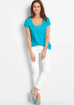 Mujer bonprix bonprix Camiseta de algodón con encaje y manga corta
