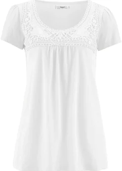bonprix bonprix Camisetas>Camiseta de algodón con encaje y manga corta Blanco