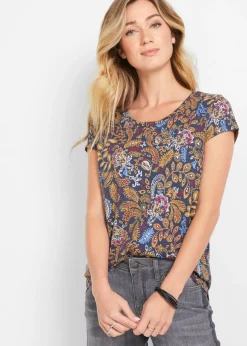 bonprix bonprix Camisetas>Camiseta de algodón con estampado y manga corta Azul oscuro estampado