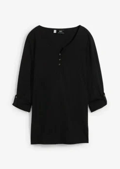 bonprix bonprix Camisetas>Camiseta de algodón orgánico puro con botones Negro