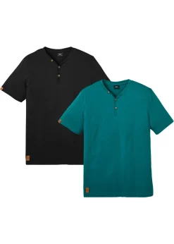 bonprix bonprix Básicos En Rebajas|Camisetas Y Polos>Camiseta de algodón orgánico puro con cuello henley (2 unidades) negro+azul petróleo