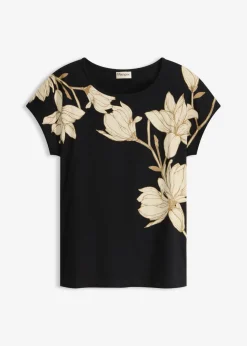 bonprix bonprix Camisetas>Camiseta de algodón orgánico con estampado de flores negro/arena claro/camel