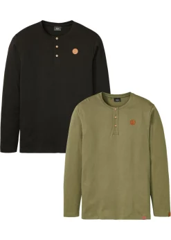 bonprix bonprix Camisetas Y Polos>Camiseta de algodón orgánico puro con manga larga y cuello henley (2 unidades) Negro+verde oliva