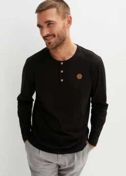 bonprix bonprix Camisetas Y Polos>Camiseta de algodón orgánico puro con manga larga y cuello henley (2 unidades) Negro+verde oliva