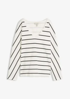 bonprix bonprix Camisetas|Novedades>Camiseta de algodón orgánico puro con manga larga blanco lana-negro con rayas