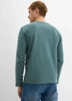 Hombre bonprix bonprix Camiseta de algodón orgánico puro con cuello henley, manga larga y corte entallado