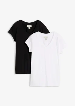 bonprix bonprix Básicos|Camisetas>Camiseta de algodón orgánico puro (2 unidades) Negro-blanco