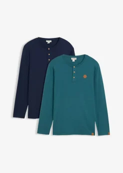 bonprix bonprix Camisetas Y Polos>Camiseta de algodón orgánico puro con manga larga y cuello henley (2 unidades) Verde pimiento/azul marino