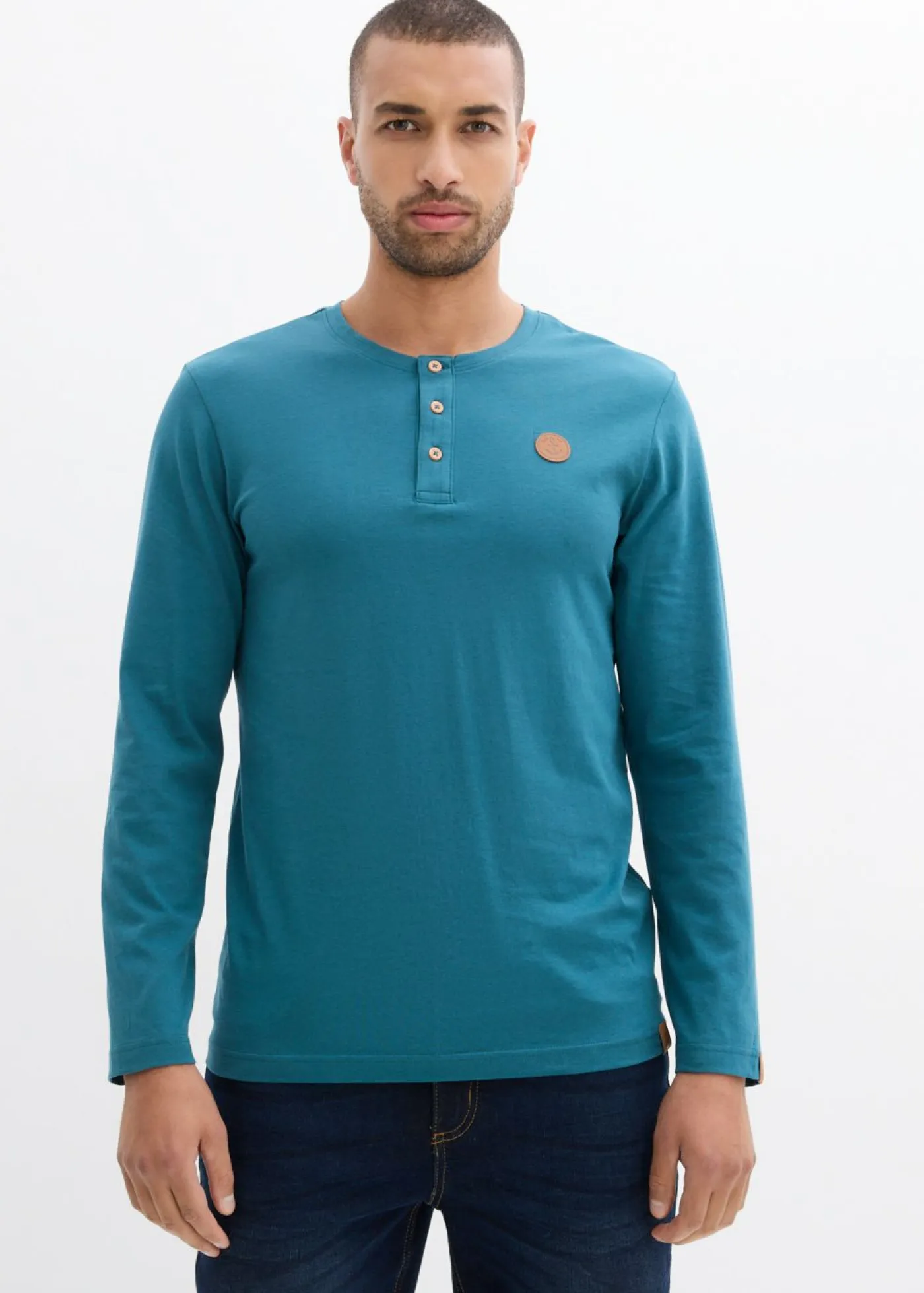 bonprix bonprix Camisetas Y Polos>Camiseta de algodón orgánico puro con manga larga y cuello henley (2 unidades) Verde pimiento/azul marino
