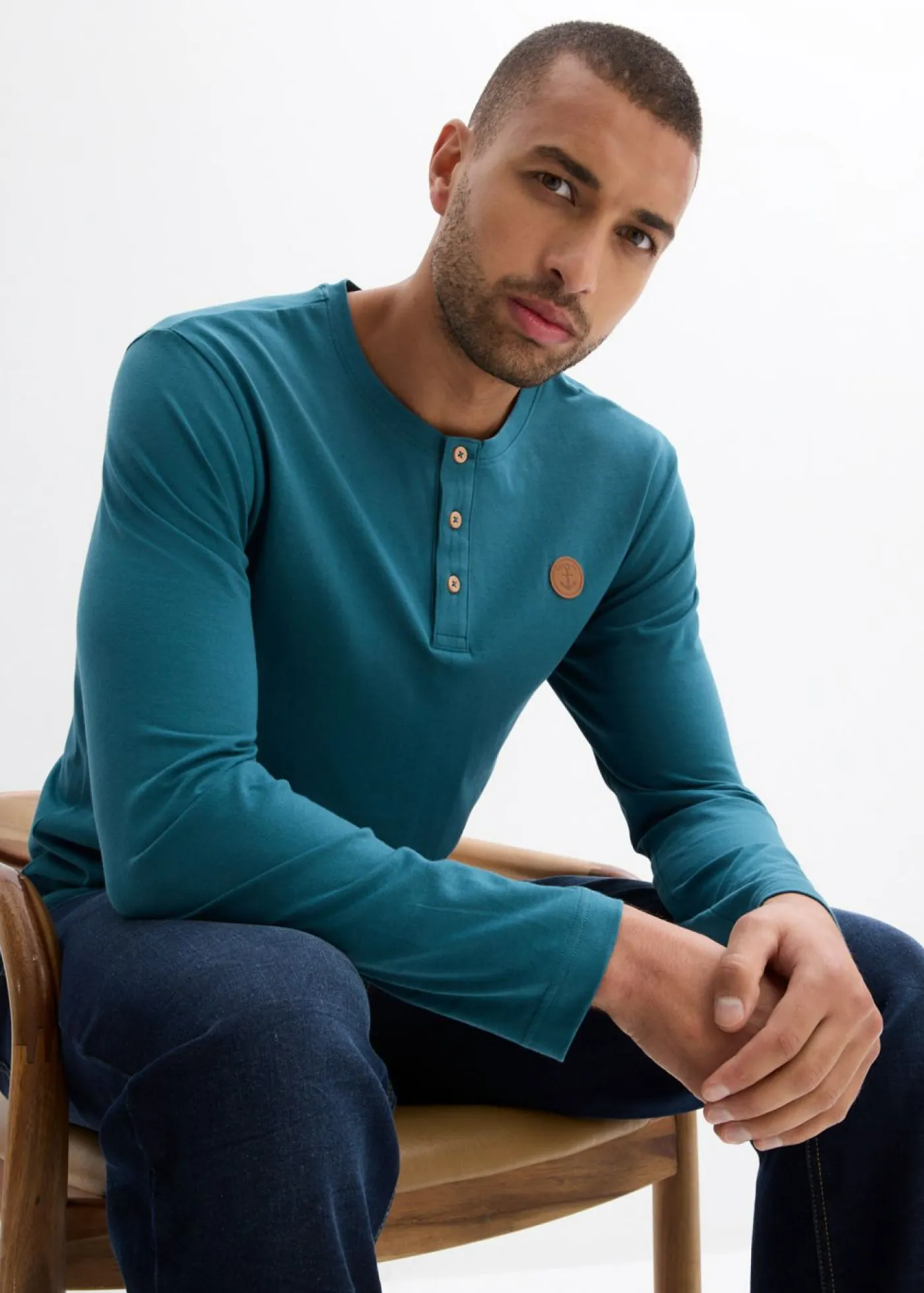 bonprix bonprix Camisetas Y Polos>Camiseta de algodón orgánico puro con manga larga y cuello henley (2 unidades) Verde pimiento/azul marino