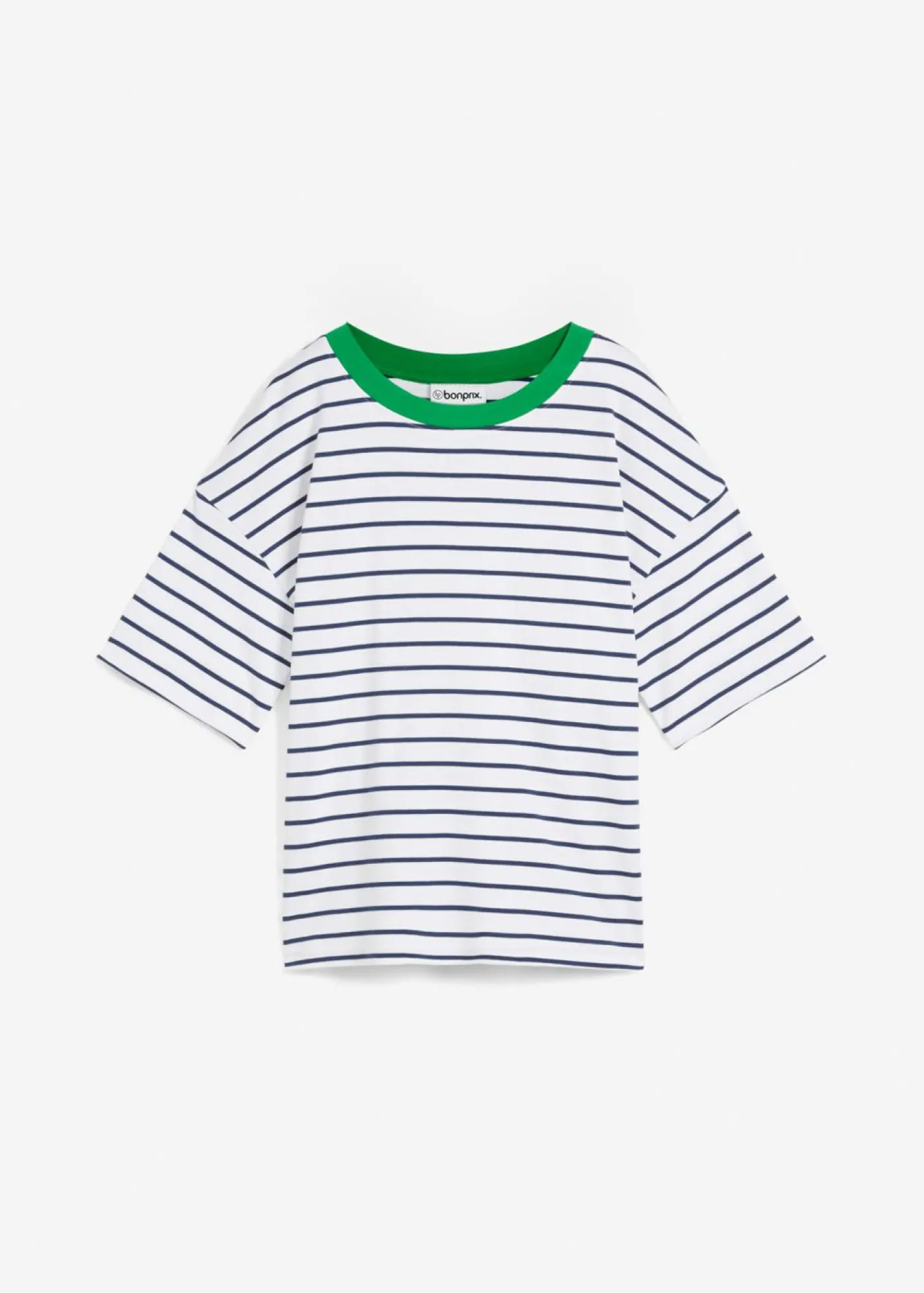 bonprix bonprix Camisetas|Novedades>Camiseta de algodón orgánico puro Blanco-azul almirante-verde hierba de rayas