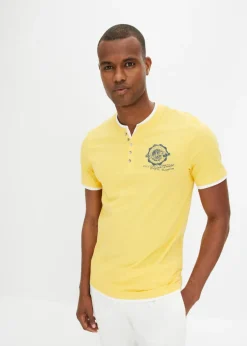 bonprix bonprix Camisetas Y Polos>Camiseta de algodón orgánico puro con cuello henley y manga corta (2 unidades) girasol+azul marino+blanco