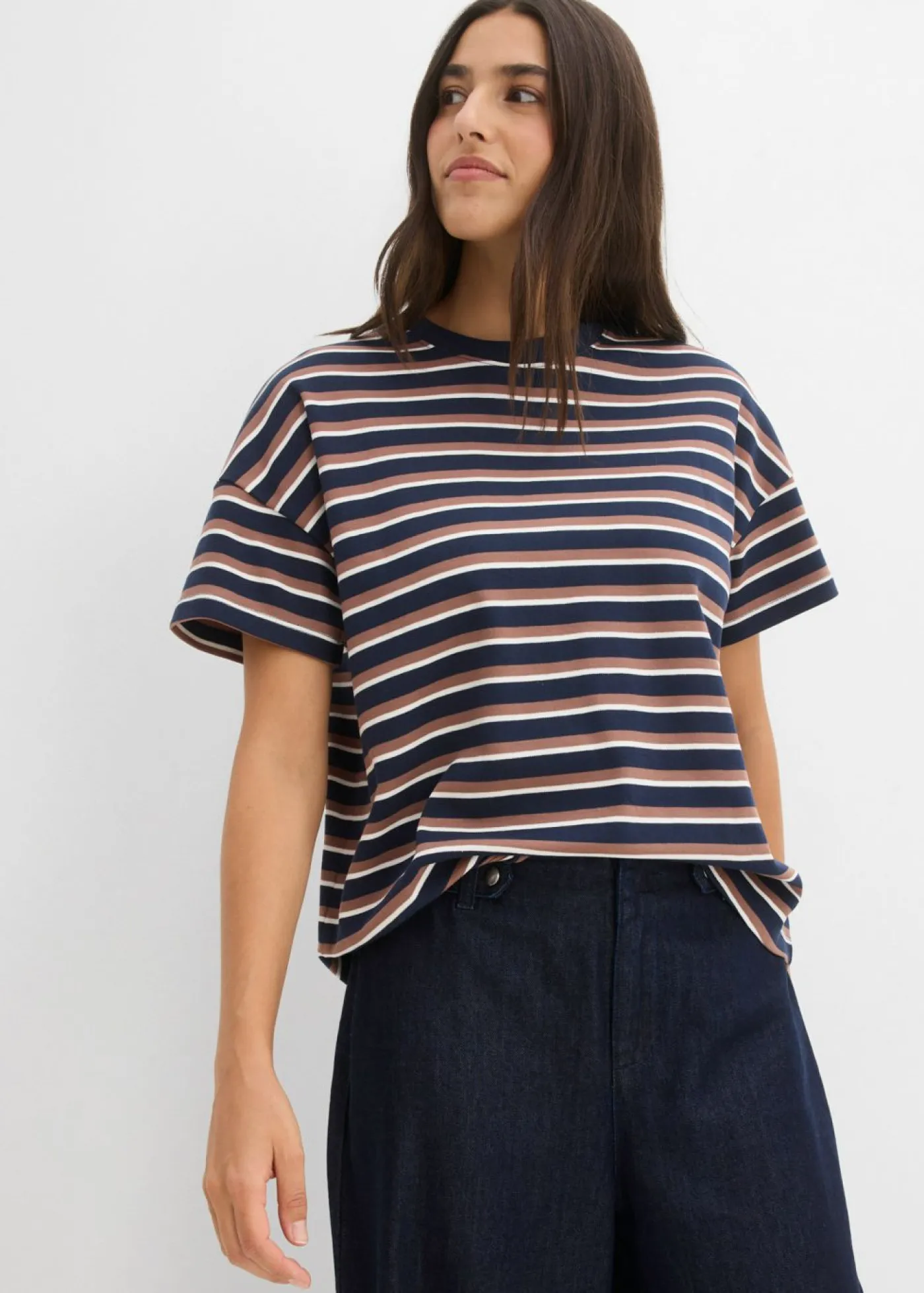 bonprix bonprix Camisetas|Novedades>Camiseta de algodón orgánico puro azul marino-marrón castaño-blanco perla