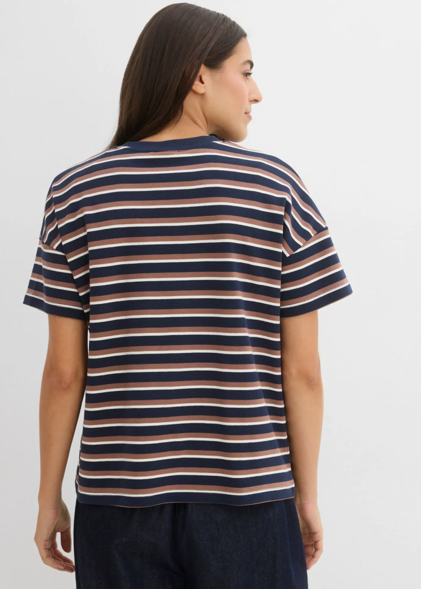bonprix bonprix Camisetas|Novedades>Camiseta de algodón orgánico puro azul marino-marrón castaño-blanco perla
