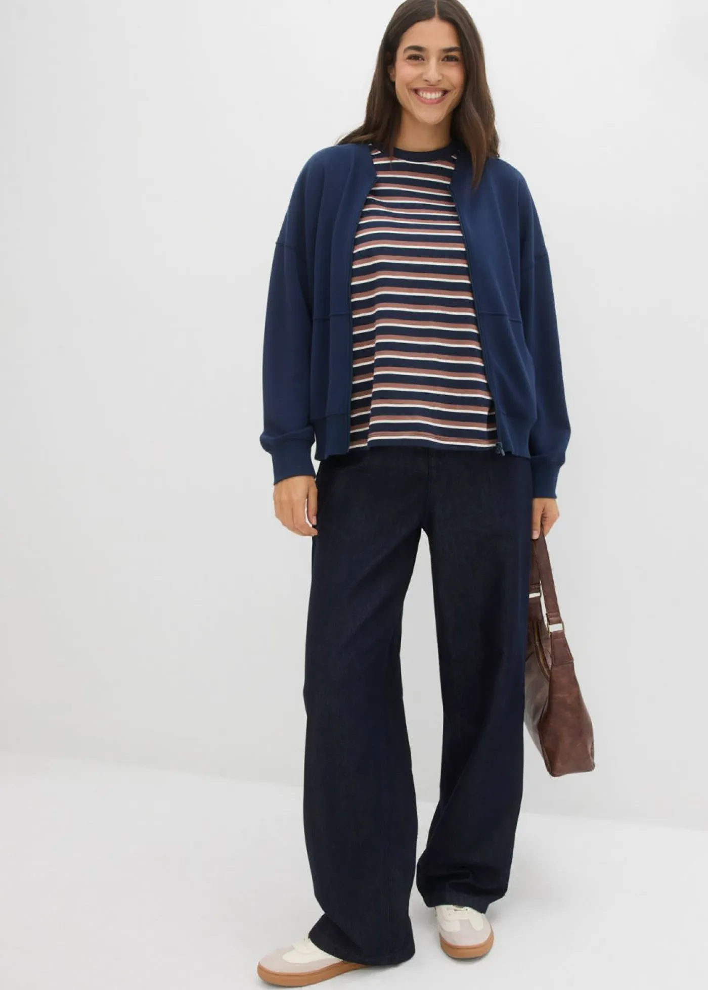 bonprix bonprix Camisetas|Novedades>Camiseta de algodón orgánico puro azul marino-marrón castaño-blanco perla