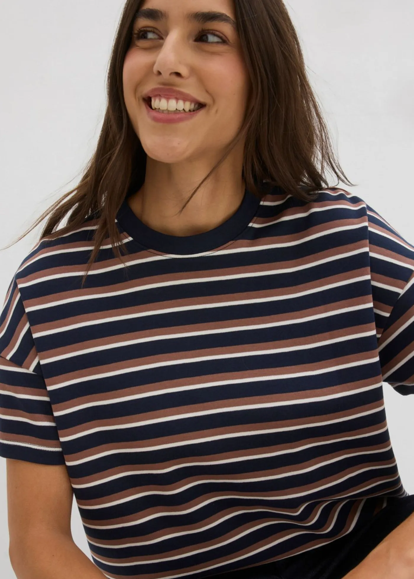 bonprix bonprix Camisetas|Novedades>Camiseta de algodón orgánico puro azul marino-marrón castaño-blanco perla