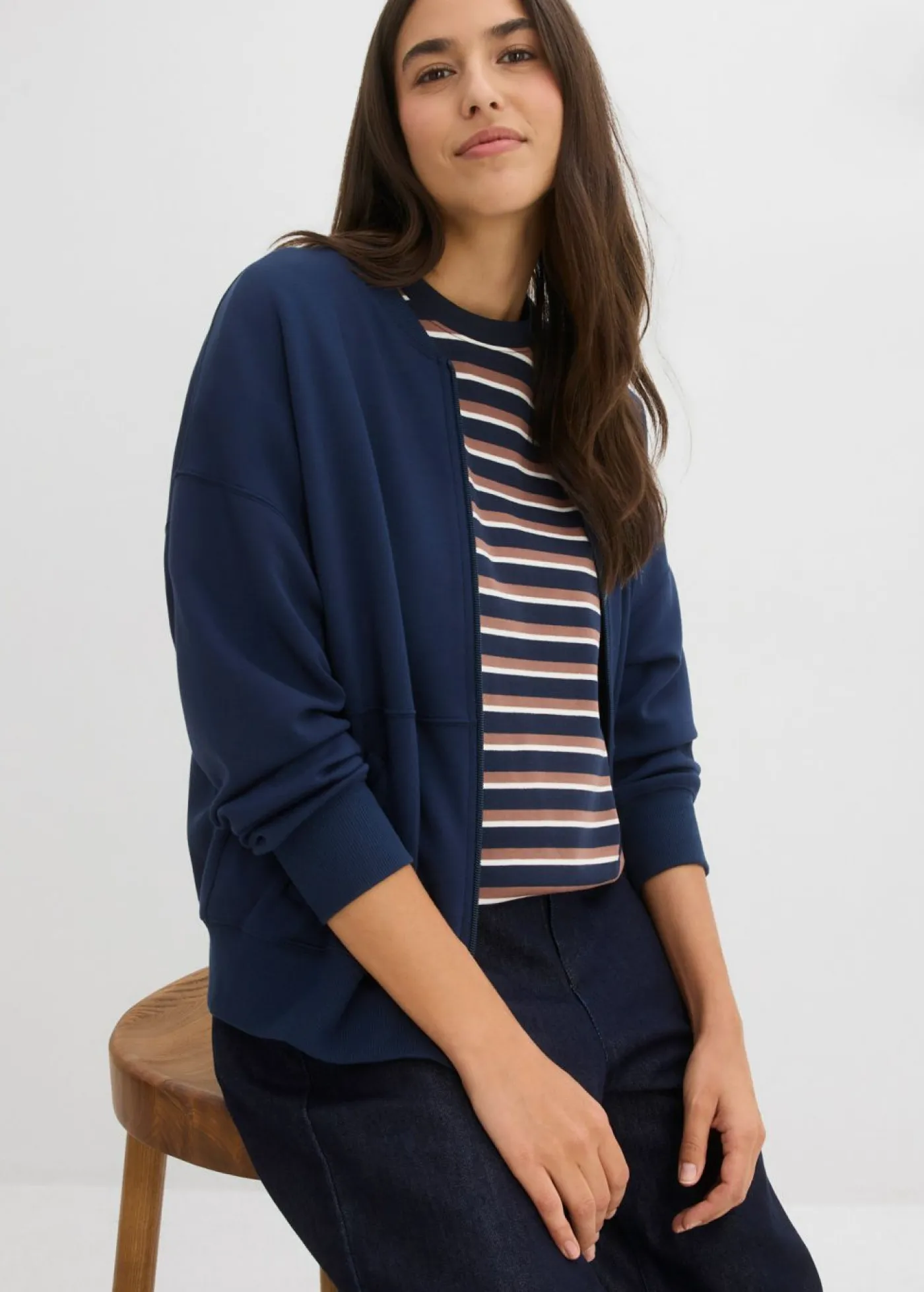 bonprix bonprix Camisetas|Novedades>Camiseta de algodón orgánico puro azul marino-marrón castaño-blanco perla