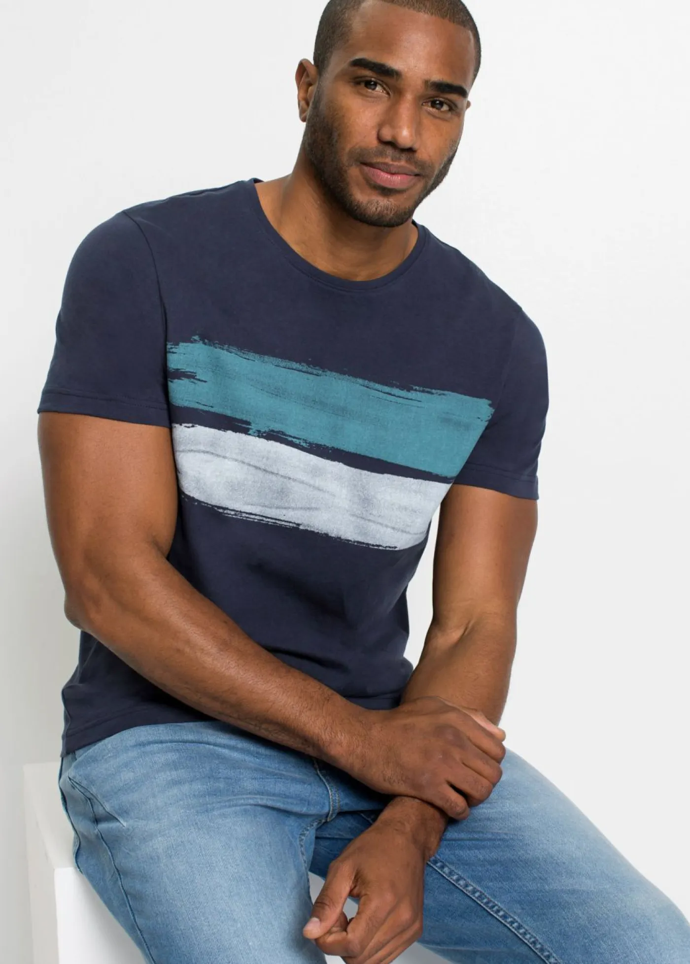 bonprix bonprix Camisetas Y Polos>Camiseta de algodón orgánico puro azul marino rayas horizontales