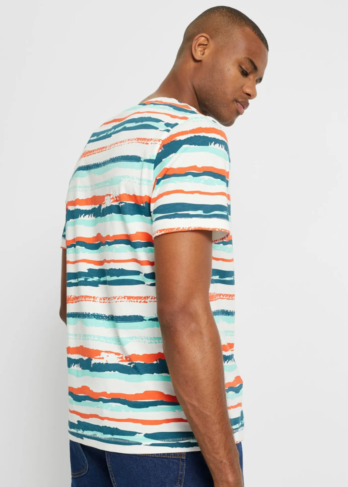 bonprix bonprix Camisetas Y Polos>Camiseta de algodón orgánico Blanco lana/marrón castaño/azul ártico/negro de rayas