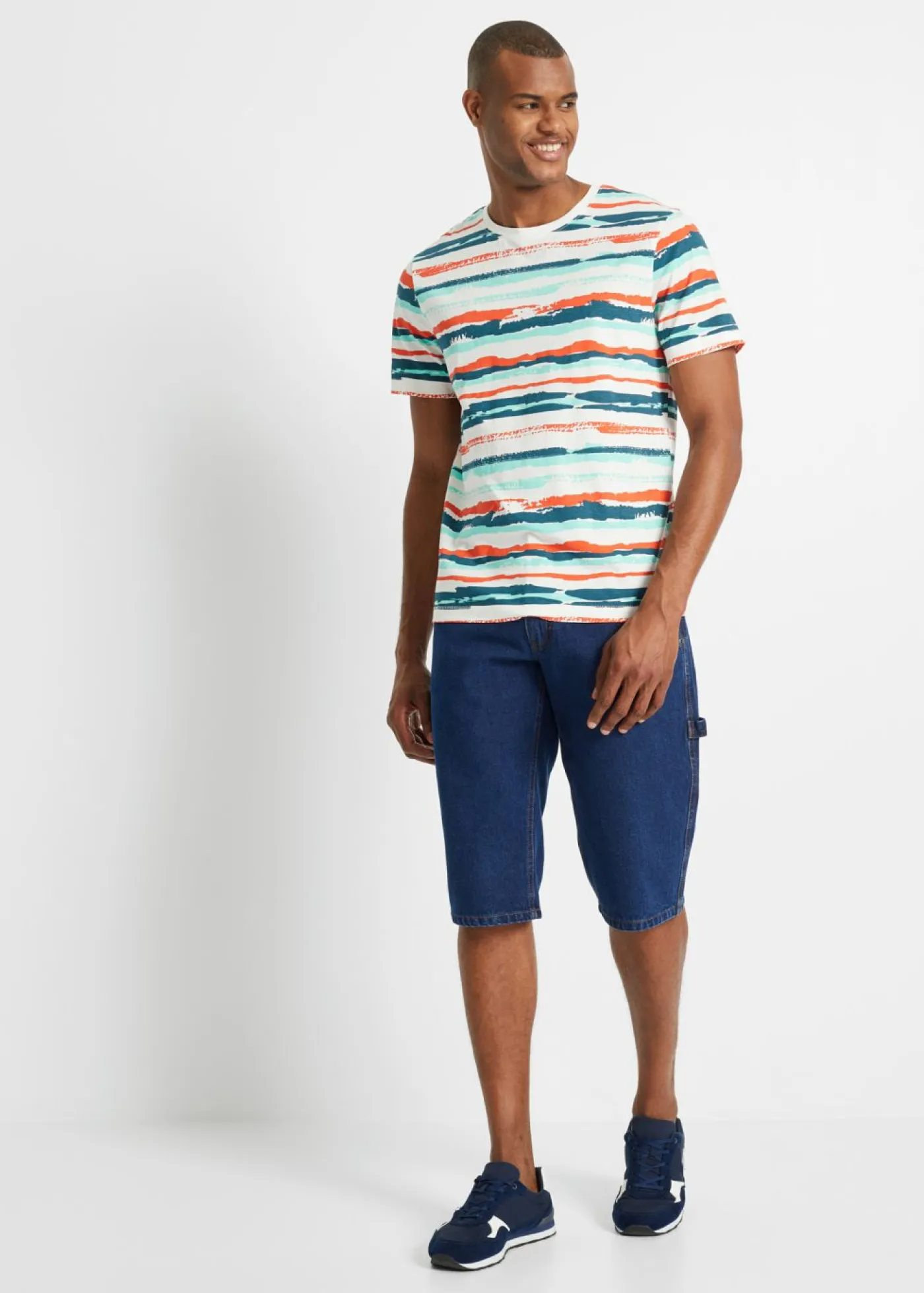 bonprix bonprix Camisetas Y Polos>Camiseta de algodón orgánico Blanco lana/marrón castaño/azul ártico/negro de rayas