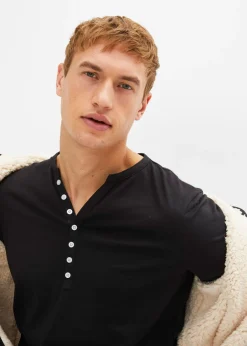 Hombre bonprix bonprix Camiseta de algodón orgánico puro con cuello henley, manga larga y corte entallado