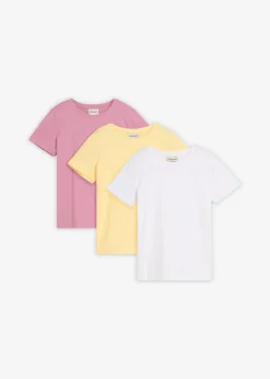 bonprix bonprix Ropa 9 A 16 Años·Camisetas Y Camisas|Ropa 9 A 16 Años·Packs De Ropa>Camiseta de algodón orgánico puro (3 unidades) Malva + amarillo claro + blanco