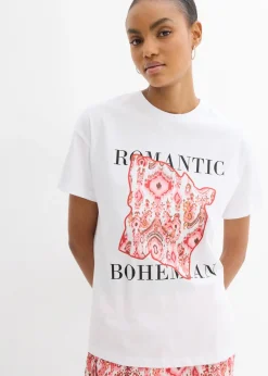 bonprix bonprix Camisetas>Camiseta de algodón puro Blanco-rojo