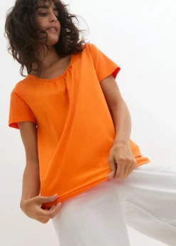 bonprix bonprix Camisetas>Camiseta de algodón puro con manga corta Naranja cálido