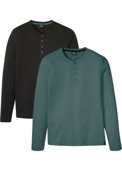 bonprix bonprix Básicos En Rebajas|Camisetas Y Polos>Camiseta de algodón puro con cuello henley (2 unidades) negro+verde grisáceo
