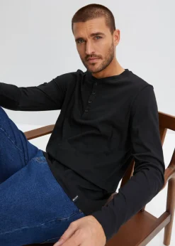 bonprix bonprix Básicos En Rebajas|Camisetas Y Polos>Camiseta de algodón puro con cuello henley (2 unidades) negro+verde grisáceo