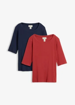 Mujer bonprix bonprix Camiseta de canalé con algodón orgánico (2 unidades)