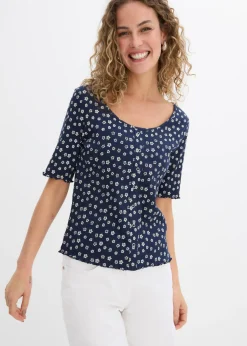 Mujer bonprix bonprix Camiseta de canalé con estampado de flores y manga corta