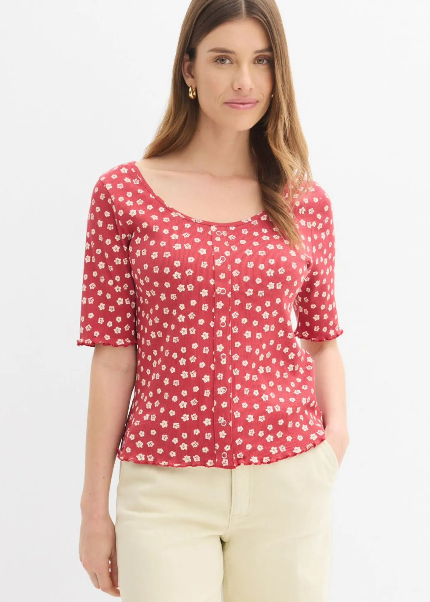 bonprix bonprix Camisetas|Novedades>Camiseta de canalé con estampado de flores y manga corta Cereza-blanco lana de flores