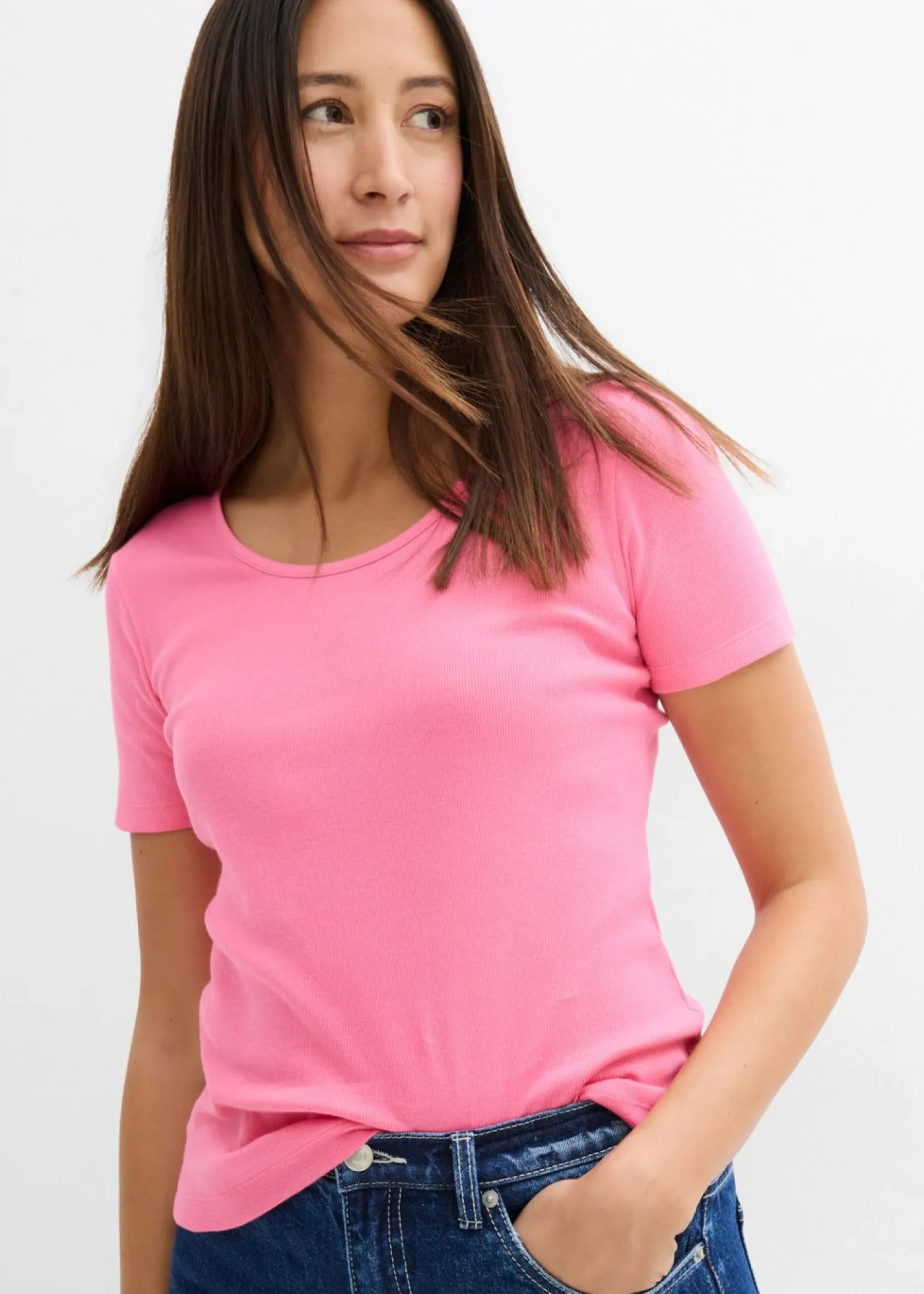 bonprix bonprix Básicos|Camisetas>Camiseta de canalé de algodón orgánico puro (2 unidades) Negro-rosa flamenco