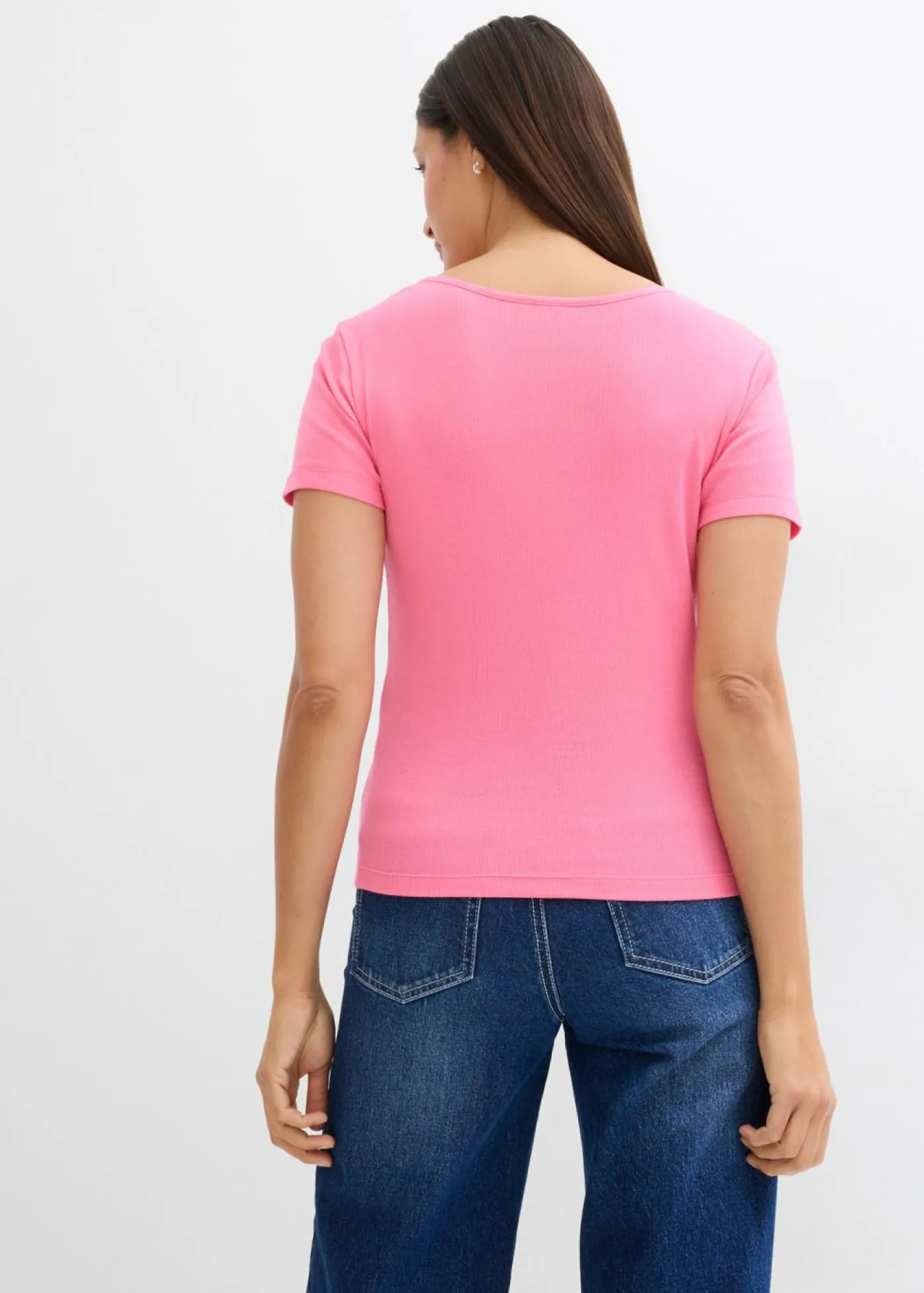 bonprix bonprix Básicos|Camisetas>Camiseta de canalé de algodón orgánico puro (2 unidades) Negro-rosa flamenco