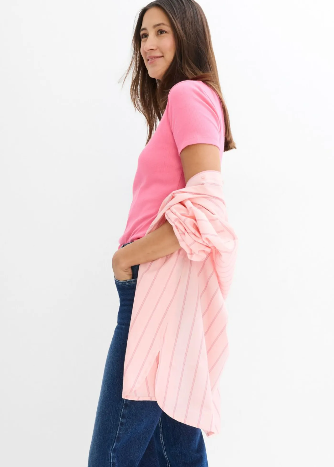 bonprix bonprix Básicos|Camisetas>Camiseta de canalé de algodón orgánico puro (2 unidades) Negro-rosa flamenco