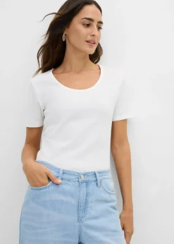 bonprix bonprix Básicos|Camisetas>Camiseta de canalé de algodón orgánico puro (2 unidades) Azul petróleo-blanco lana