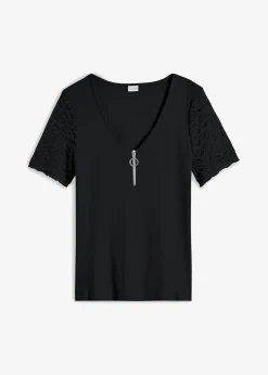 bonprix bonprix Camisetas>Camiseta de canalé de algodón Negro