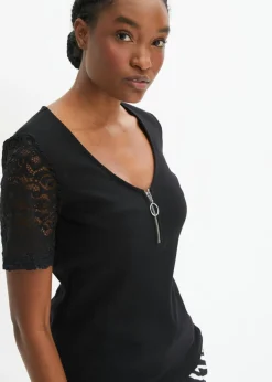 bonprix bonprix Camisetas>Camiseta de canalé de algodón Negro